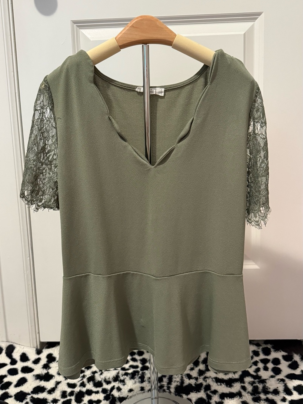Lace Sleeve Olive V-Notch Women's Blouse